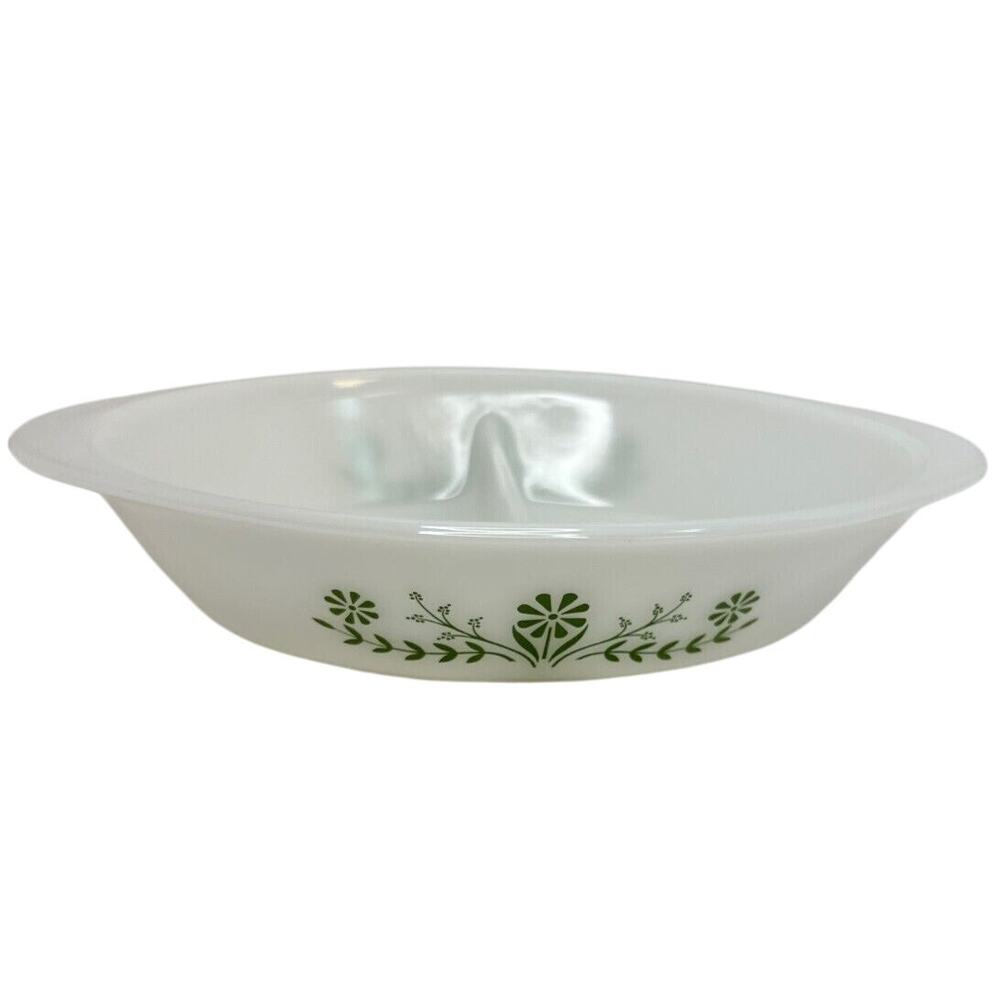 Vintage Oval Glasbake Green Crazy Daisy Divided Casserole Dish J2352 MilkGlass